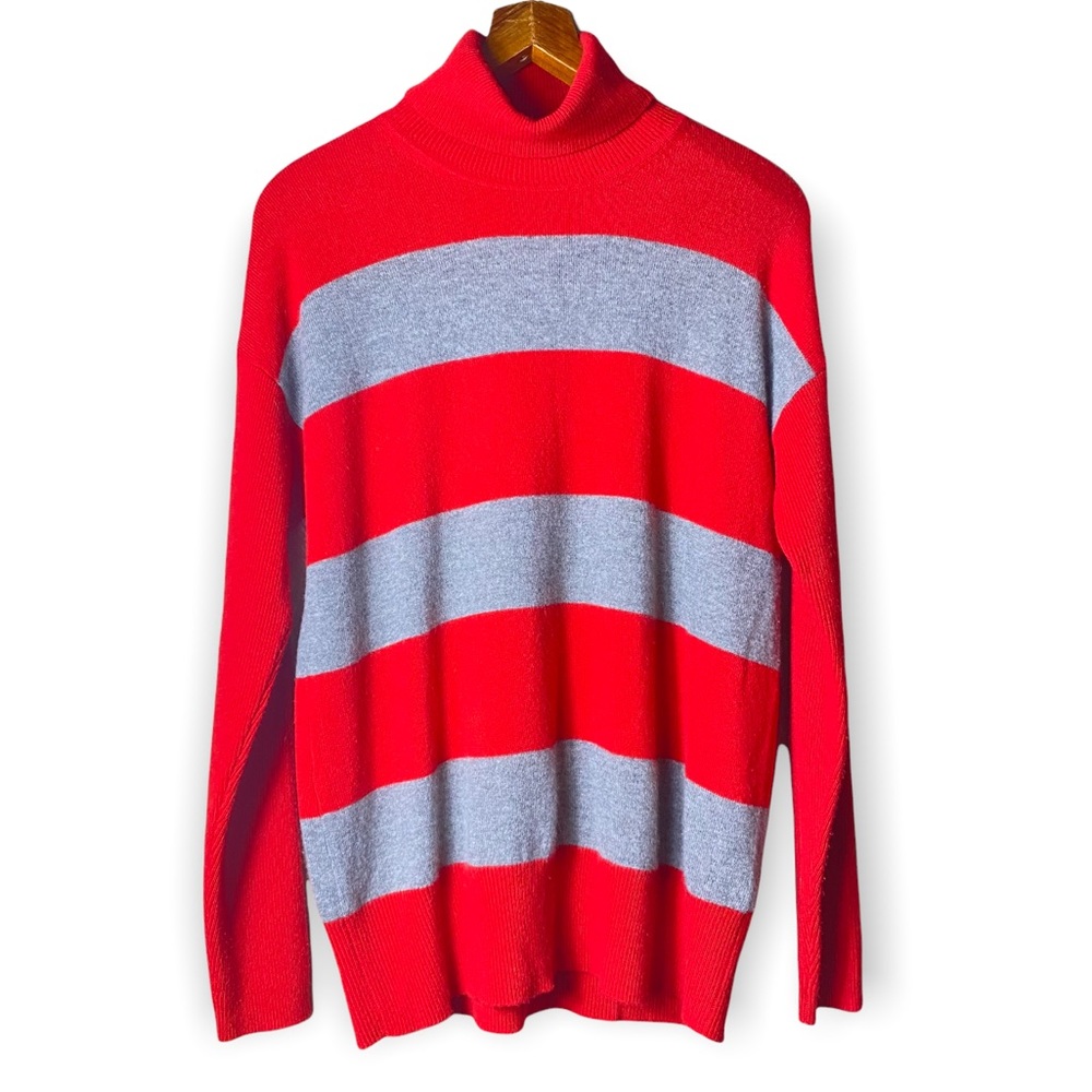 J. Crew turtle neck sweater 100% Cashmere in red and gray stripes